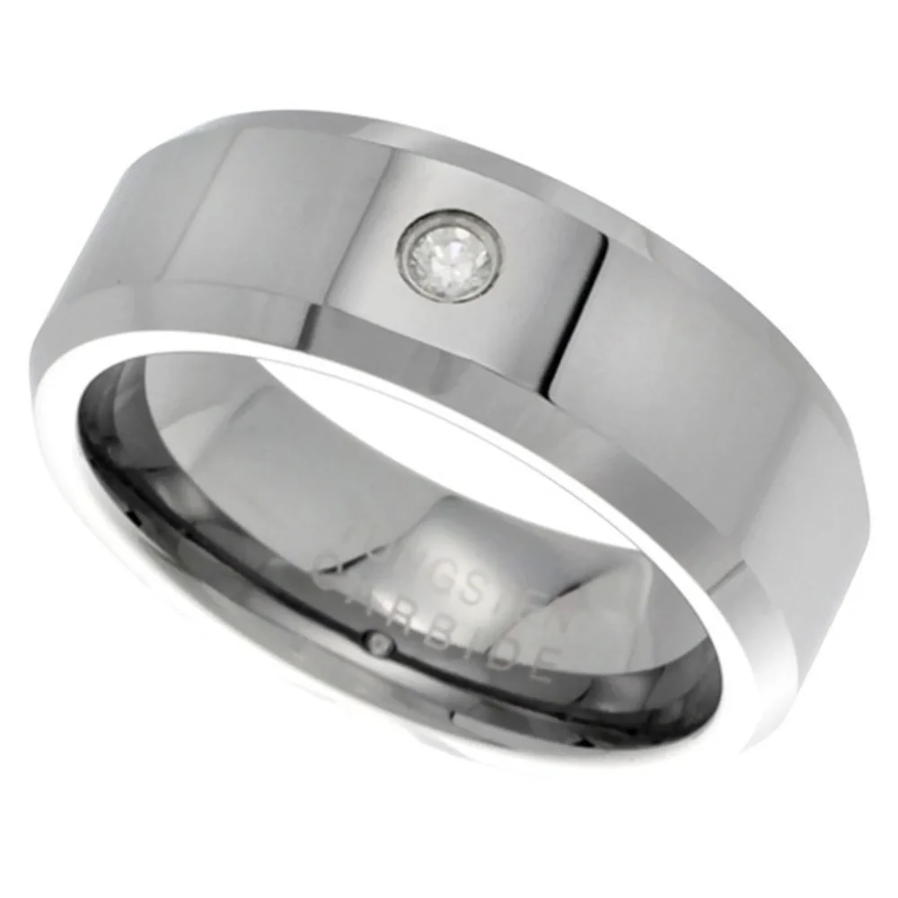 8mm Tungsten CZ Wedding Band Beveled Edges Comfort fit